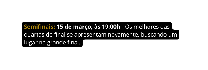 Semifinais 15 de março às 19 00h Os melhores das quartas de final se apresentam novamente buscando um lugar na grande final